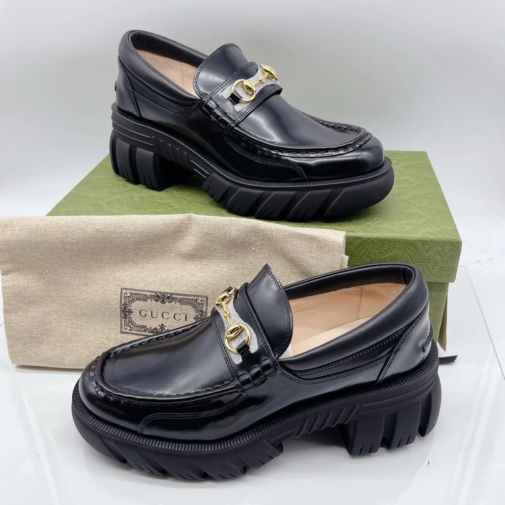 GUCCI Horsebit Creeper Loafers Platform Black Sylke Leather Women's EU 41 - Picture 2 of 16